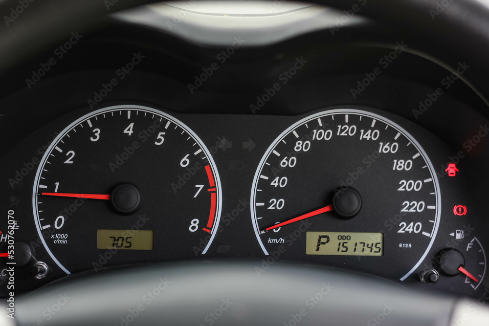 Fototapeta premium car​ instrument panel, car​ speed motor of​ night, car​ dashboard​ modern​ automobile control​illuminated panel​ speed display. 