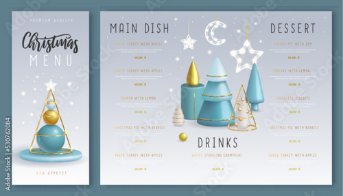 Christmas holiday restaurant menu design with realistic 3D plastic Christmas trees. Merry Christmas and Happy new Year greeting card. Vector illustration