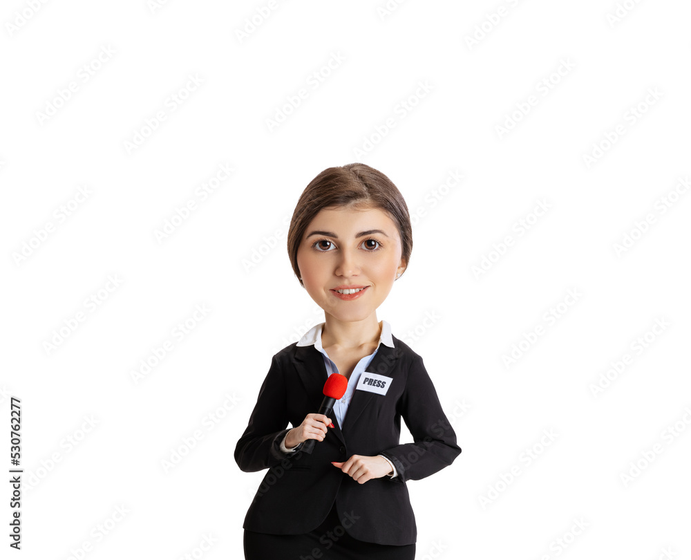 Young beautiful girl, female journalist holding reporter microphone isolated on white background. Cartoon style character with big head and eyes Young beautiful girl, female journalist holding reporter microphone isolated on white background. Cartoon style character with big head and eyes
