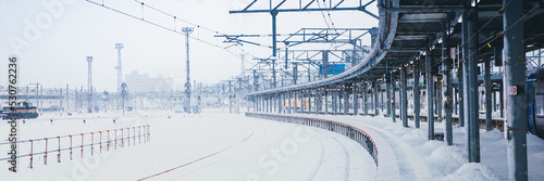 Snow strom train platform in winter, Hakodate, Hokkaido, Japan