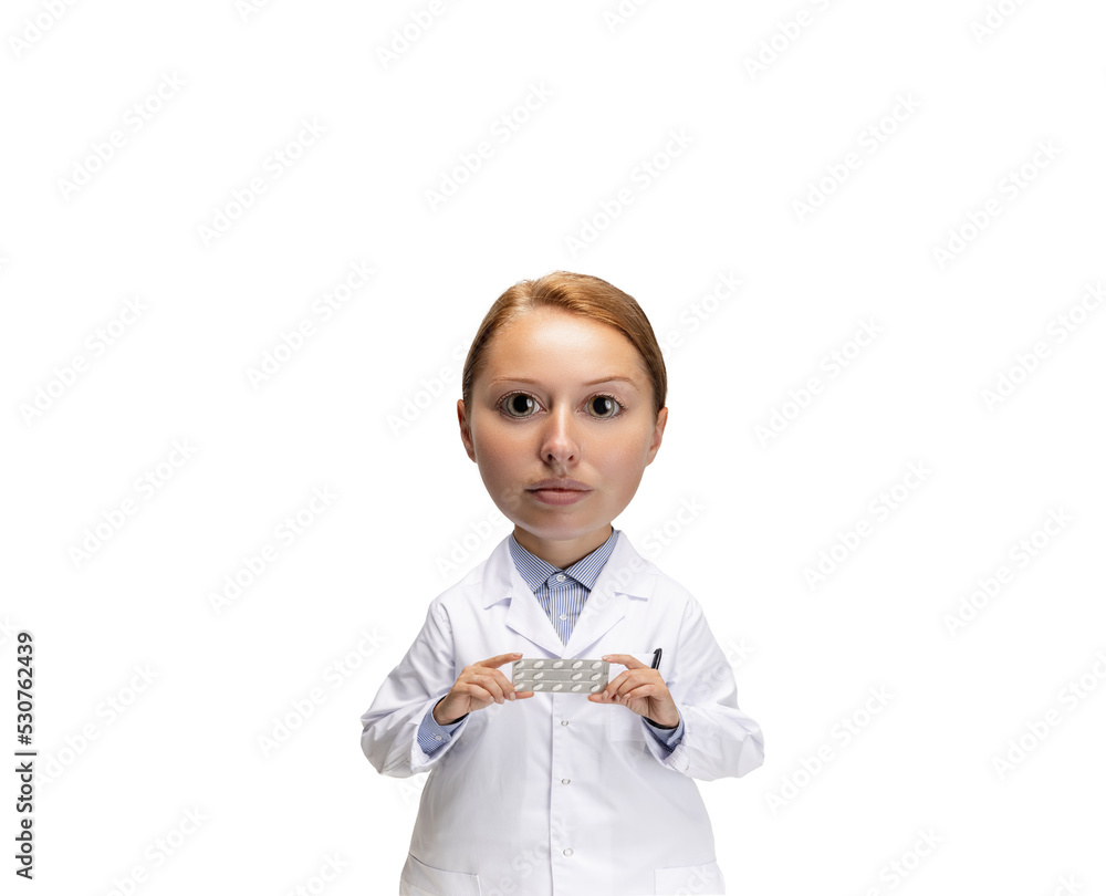 Serious doctor. Funny woman with a caricature face isolated over white background. Cartoon style character with big head. Concept of business, medicine Serious doctor. Funny woman with a caricature face isolated over white background. Cartoon style character with big head. Concept of business, medicine
