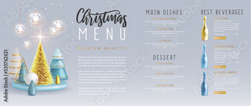 Christmas holiday restaurant menu design with realistic 3D plastic Christmas trees and champagne bottle. Vector illustration