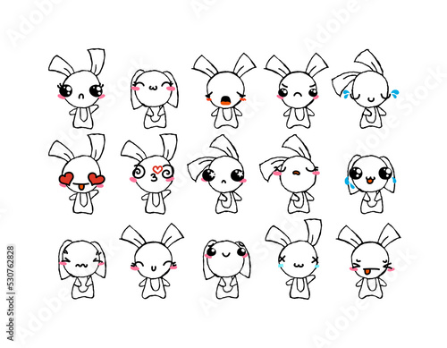 Set of Rustic Rabbits with Emoticons. Doodle faces, eyes and mouth. Caricature comic expressive emotions, smiling, crying and surprised character face expressions