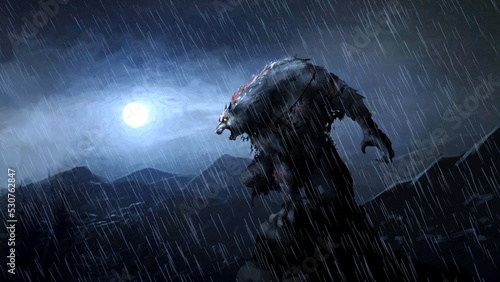 Fotografie A werewolf stands on a rock and growls against the backdrop of a rainy night