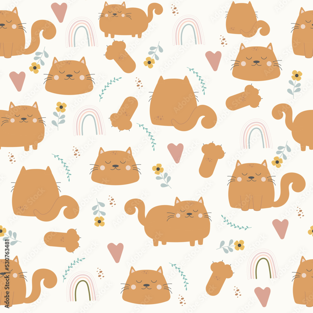 Cartoon Seamless Boho Style Cat Pattern Vector Illustration