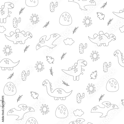 Cartoon outline seamless dinosaur pattern. Vector illustration