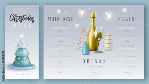 Christmas holiday restaurant menu design with realistic 3D plastic Christmas trees and champagne bottle. Vector illustration