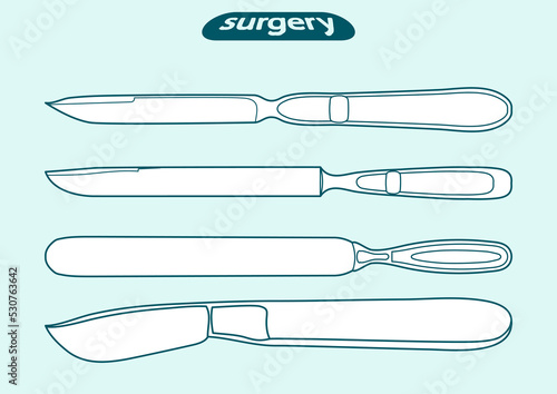Set, sketch outline of a scalpel, knife, blade, cutter silhouette. Surgical, medical instrument