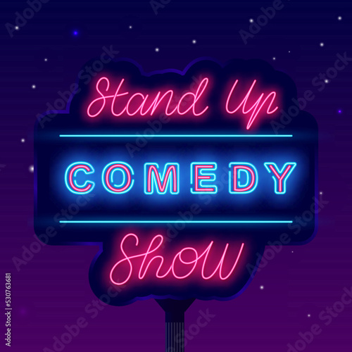 Stand up comedy show neon street billboard. Night luminous advertising. Vector stock illustration