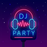 Dj party neon billboard. Shiny street advertising. Headphones with sound waves. Vector stock illustration