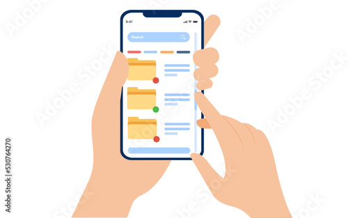 Men holding phone and scrolling file manager to search files. documents manage concept.