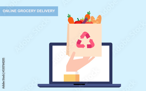 Contactless delivery of grocery supplies. paper bag with groceries. online grocery concept. vector illustration. 