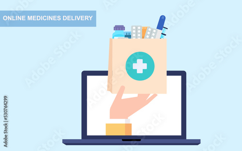 Contactless delivery of medical supplies. paper bag with medicines. health care concept. vector illustration.