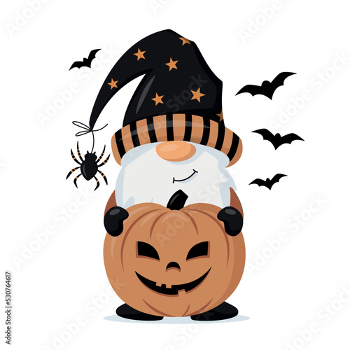 Hand drawn cute gnome in Halloween disguise with a pumpkin in his hands. T shirt design vector, Holidays greeting card. For flyers, invitations, posters. Happy Halloween Vector illustration