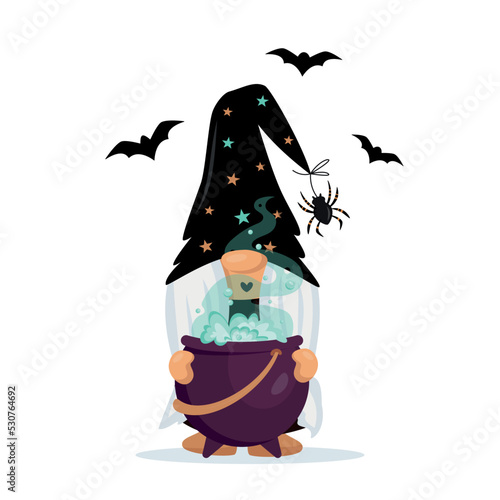 Hand drawn Halloween gnome witch with a cauldron with potion. T shirt design vector, Holidays greeting card. For flyers, invitations, posters. Happy Halloween Vector illustration