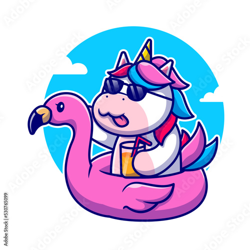 Cute Unicorn With Flamingo Swimming Tires Cartoon Vector 
Icon Illustration. Animal Recreation Icon Concept Isolated 
Premium Vector. Flat Cartoon Style