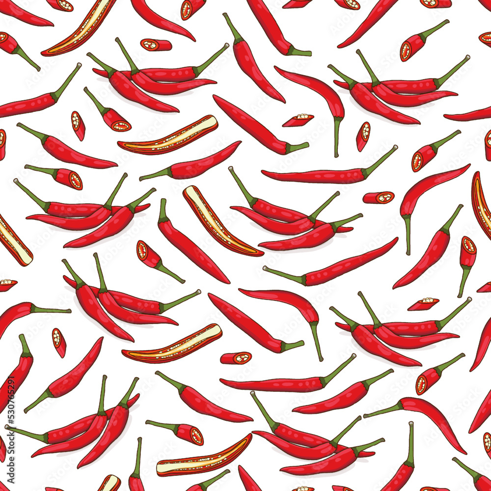 Seamless pattern with whole, half, wedges, of Red Thai chilli peppers. Bird's eye Chili. Thai peppers. Thai chili. Vegetables. Vector illustration isolated on white background. Cartoon style. Seamless pattern with whole, half, wedges, of Red Thai chilli peppers. Bird's eye Chili. Thai peppers. Thai chili. Vegetables. Vector illustration isolated on white background. Cartoon style.
