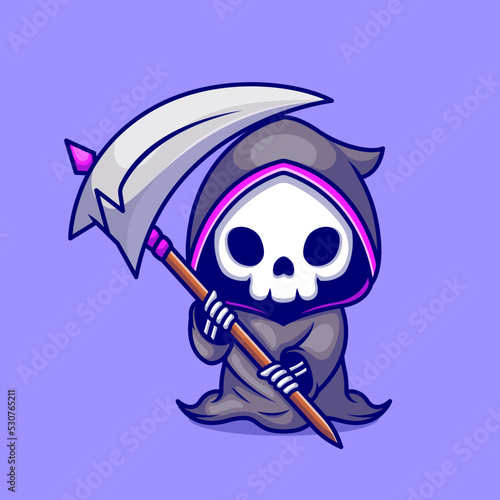 Cute Grim Reaper Holding Scythe Cartoon Vector Icon 
Illustration. People Holiday Icon Concept Isolated Premium 
Vector. Flat Cartoon Style
