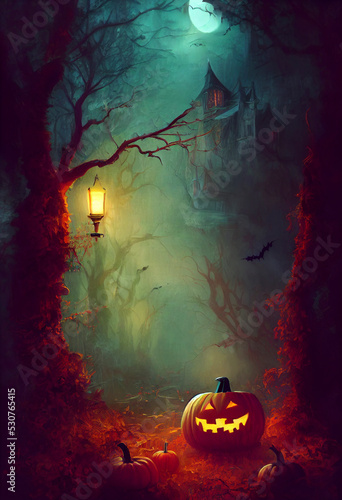 Obraz na plátně Beautiful colorful moody painting of Halloween Jack o' Lantern carved pumpkin in