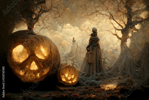 Halloween scene painting: big Jack o Lantern pumpkins and woman figure, alle made of branches and spider webs. Dark trees and clouds in the background.