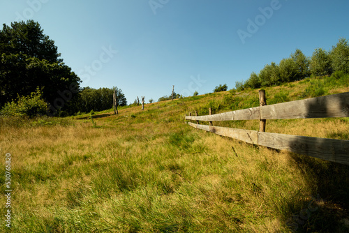 Scenic landscape photo of open grass field and picket fence. Blue skies. © Douglas