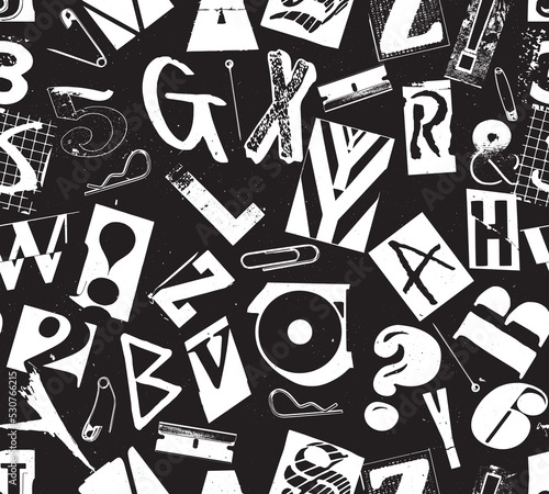 Punk seamless vector pattern alphabet typography composition with pins and clips in the style of grunge and punk design in black and white.