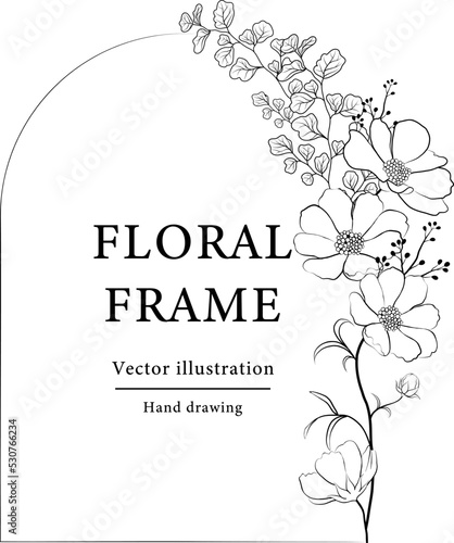 Hand drawn floral frame.  Botanical wreath borders and divider with branch vector illustration on white isolated background.  