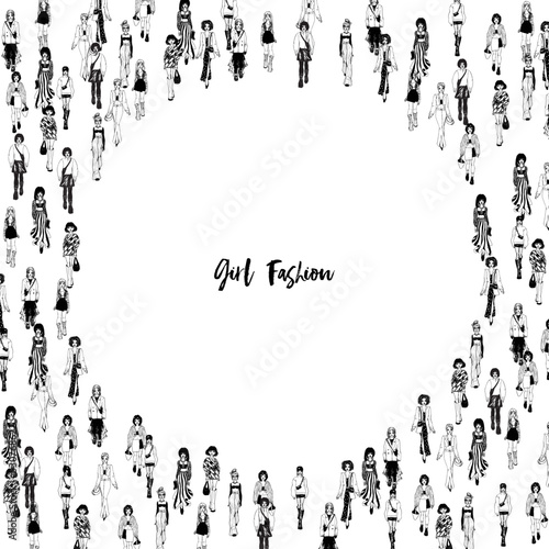 Women in trendy clothes. Fashion black and white vector frame