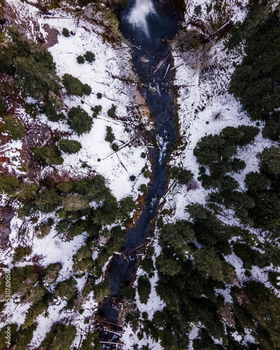 Aerial view of Chemult Spirit Creek Falls in Frenchie Falls river park, Oregon, United States. photo