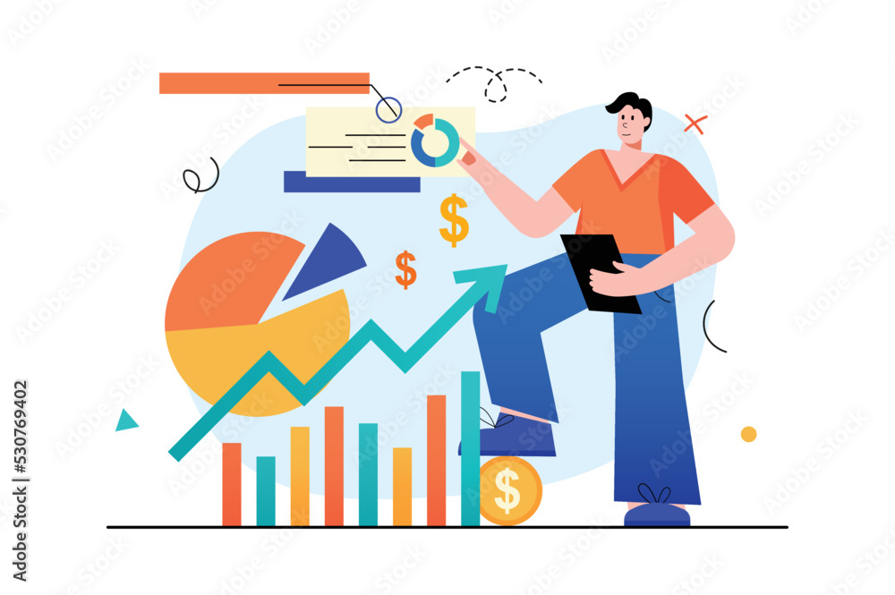 Concept Financial planning with people scene in the flat cartoon design. Employee calculates the financial costs of the company with help of charts. Vector illustration.