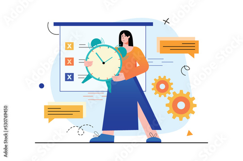 Deadline concept with people scene in the flat cartoon design. Manager tries to respond to all employee's messages by the specified time. Vector illustration.