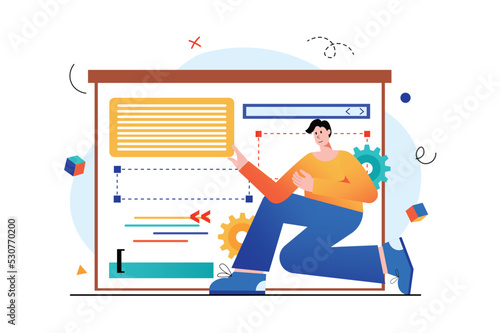 Web design concept with people scene in the flat cartoon design. Man develops the design of one of the Internet pages. Vector illustration.