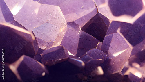 Macro closeup of purple amethyst quartz crystals. Violet gemstones texture. Abstract violet purple background, generative AI illustration