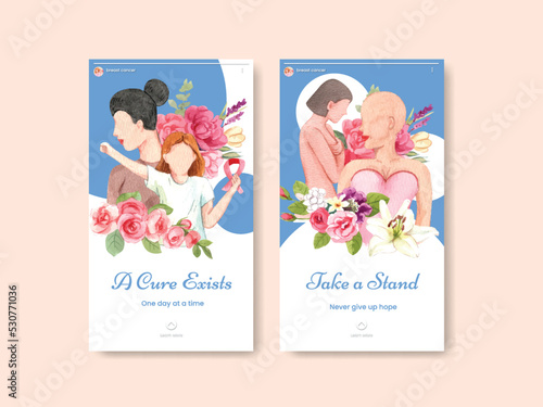 Instagram template with breast cancer concept,watercolor style
