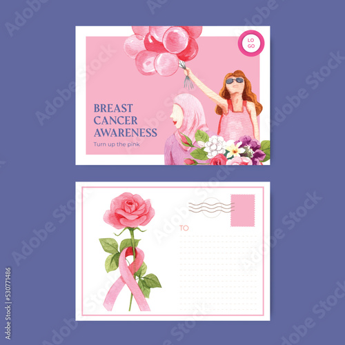 Postcard template with breast cancer concept,watercolor style