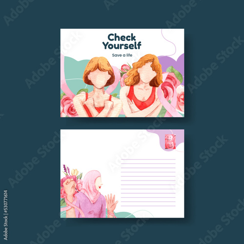 Postcard template with breast cancer concept,watercolor style