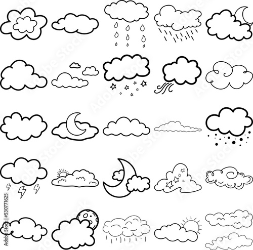 Cloudy Hand Drawn Doodle Line Art Outline Set Containing cloud, clouds, fog, mist, puff, smog, smoke, steam, vapor, veil, billow, dimness, film, fogginess, frost, haze, haziness, murk, nebula, obscuri