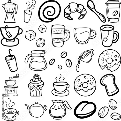 Coffee Hand Drawn Doodle Line Art Outline Set Containing caffeine, cappuccino, espresso, brew, decaf, decoction, demitasse, ink, java, mocha, mud, perk, sugar, donut, cup cake, spoon, bread