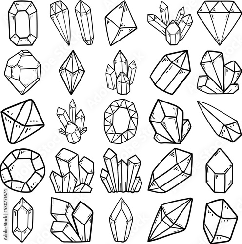 Crystal Hand Drawn Doodle Line Art Outline Set Containing crystal, gem, grain, gravel, metal, mineral, pebble, rock, boulder, crag, jewel, masonry, ore, stonework, clear-cut, limpid lucent, lucid