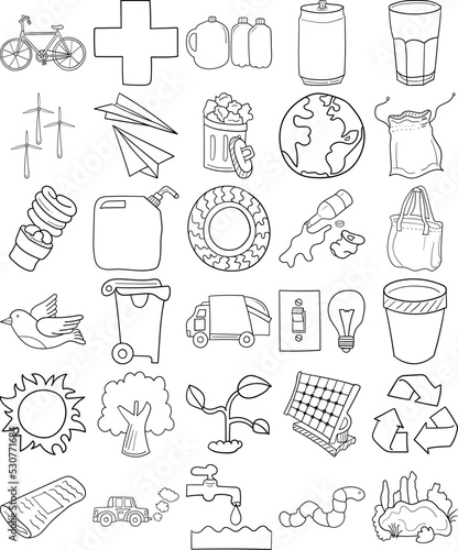 Earth Day Hand Drawn Doodle Line Art Outline Set Containing Earth, Water, Recycle, Plant, Recycle bin, Trash can, Newspaper, Plastic bottles, Glass, Can, Bicycle, Tree, Pollution, Trash truck, Litter