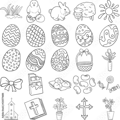 Easter Hand Drawn Doodle Line Art Outline Set Containing Easter eggs, Patterns, Candies, Chick, Bunny, Bow, Lamb, Sun, Tulips, Chocolate, Hot-cross buns, Basket, Jelly beans, Church, Cross, Grass