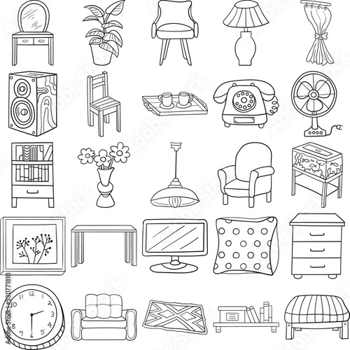 Living Room Hand Drawn Doodle Line Art Outline Set Containing Armchair, Sofa, Bookcase, Carpet, Chair, Chest of drawers, Clock, Coffee table, Curtain, Light, Mirror, Picture, Plant, Shelf, Speaker