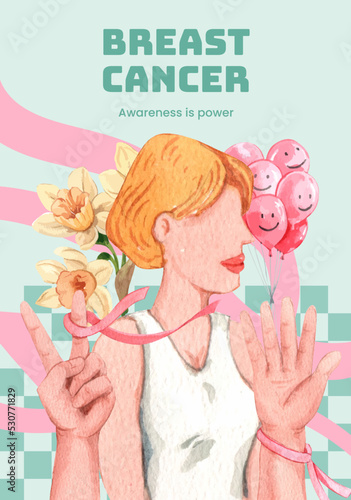 Poster template with breast cancer concept,watercolor style