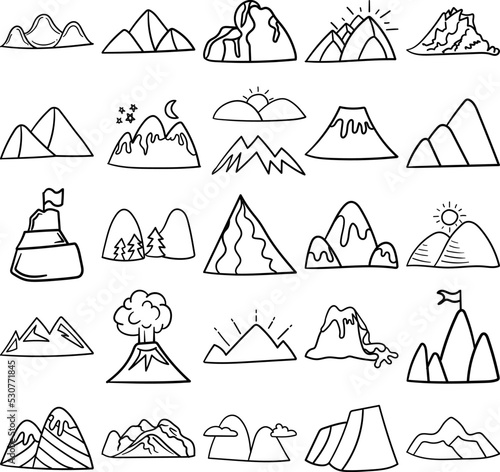 Mountains Hand Drawn Doodle Line Art Outline Set Containing mountain, mountains, bluff, cliff, peak, pile, ridge, sierra, volcano, alp, bank, butte, crag, dome, drift, glob, heap, height, hump, mass