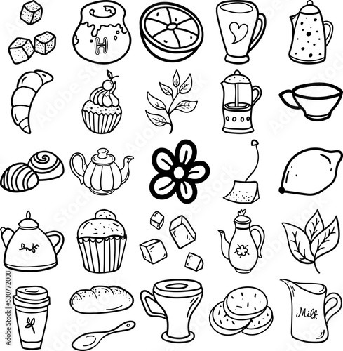 Tea Time Hand Drawn Doodle Line Art Outline Set Containing Tea Time, sugar cubes, honey, kettle, lemon, cup, teapot, mug, orange, croissant, tea leaves, tea bag, muffin, cupcake, cookies, bread