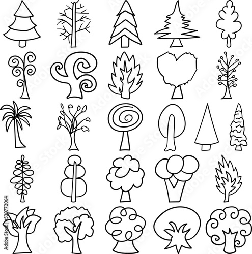 Trees Hand Drawn Doodle Line Art Outline Set Containing trees, tree, plant, wood, arbor, woods, arbour, flora, forest, sapling, seedling, shrub, timber, pulp, stock, topiary