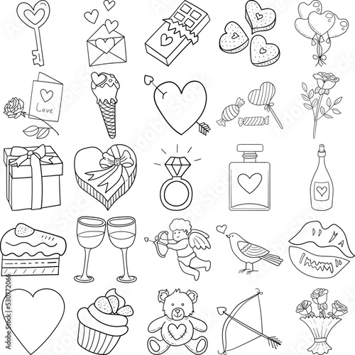 Valentine Hand Drawn Doodle Line Art Outline Set Containing Card, Envelope, Perfume, Kiss, Bird, Rose, Chocolate, Bouquet, Cupid, Lovesick, Key, Ice cream, Ring, Arrow, Cookies, Cupcake, Cake, Gift