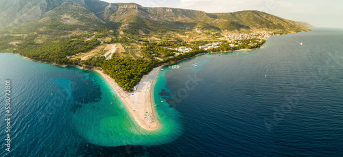 Aerial view of Golden Horn beach on Zlatni Rat in Bol on the island of Brac, Croatia. photo