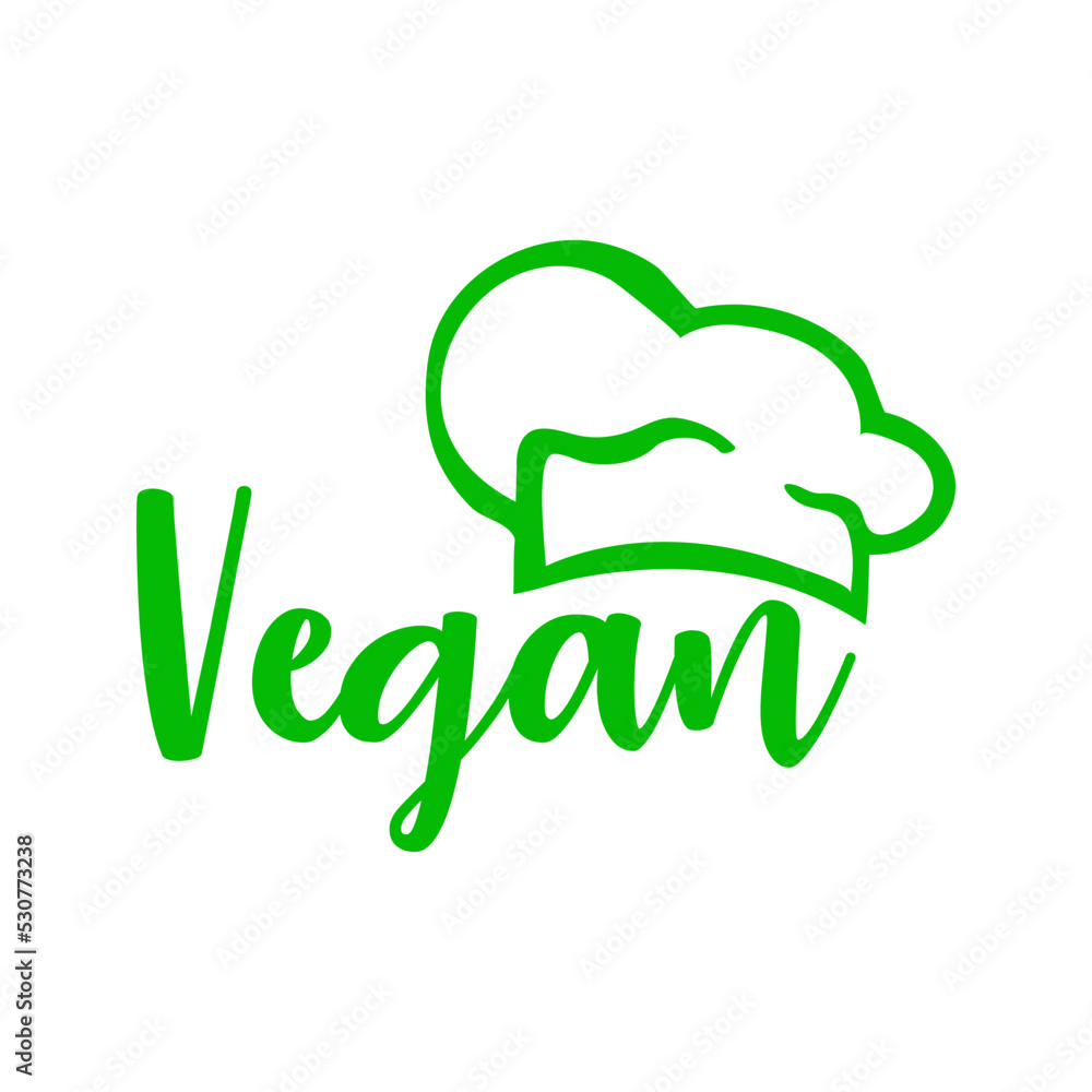 Concepto dieta vegana verde. Logo lineal con texto manuscrito Vegan con silueta de sombrero de chef Concepto dieta vegana verde. Logo lineal con texto manuscrito Vegan con silueta de sombrero de chef