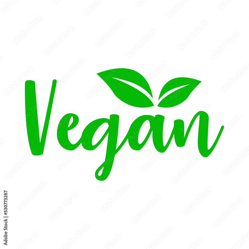 Fototapeta premium Concepto dieta vegana verde. Logo con texto manuscrito Vegan con silueta de hojas de planta
